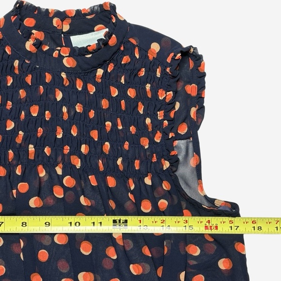 Maeve Anthropologie High Neck Sheer Polka Dot Ruffle Blouse Size 2 Navy Orange - Picture 6 of 10